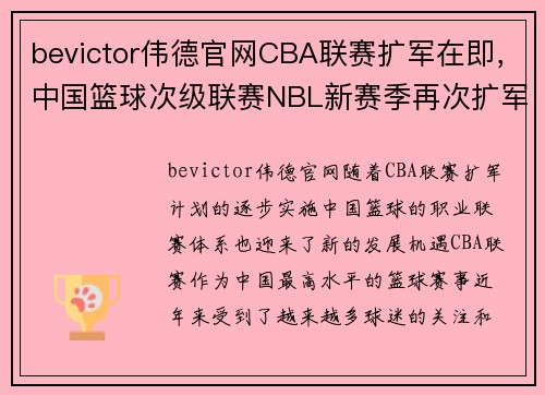 bevictor伟德官网CBA联赛扩军在即，中国篮球次级联赛NBL新赛季再次扩军重燃！ - 副本